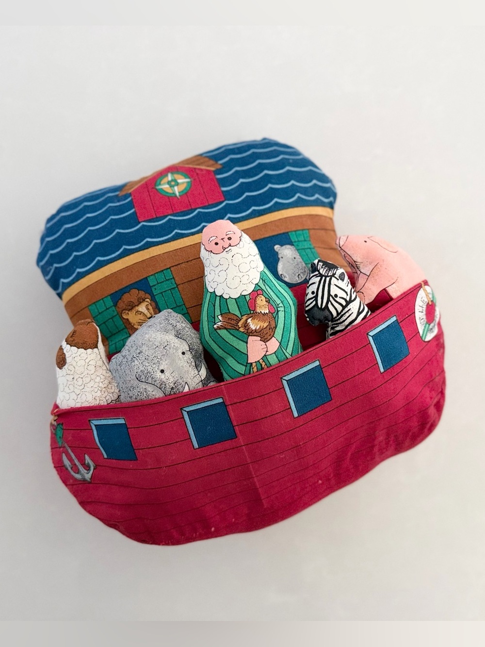 Vintage Fabric Noah's Ark Pocket Pillow Set with Plush Animals